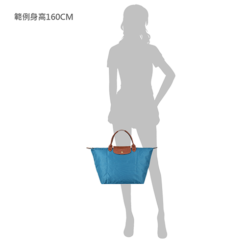 LONGCHAMP LE PLIAGE壓印LOGO短提把尼龍摺疊拉鍊手提包(中/孔雀藍)