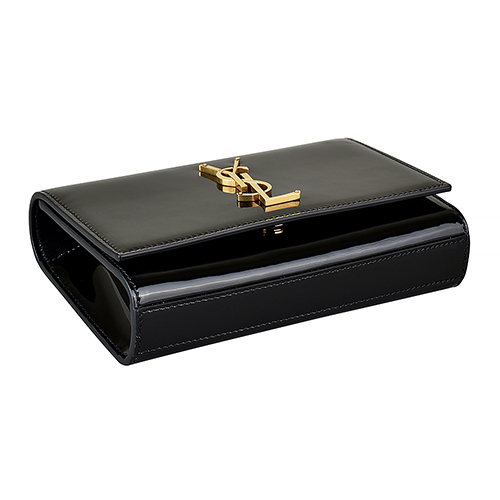 YSL SAINT LAURENT經典金字LOGO漆皮釦式腰包(黑)