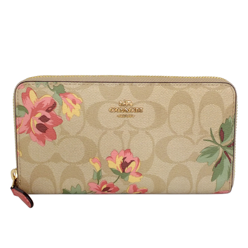 COACH淺卡C Logo粉色花朵圖印拉鍊長夾