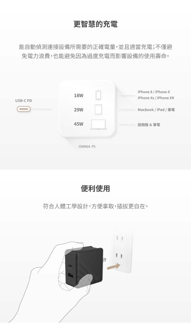 OMNIA P5 旅行萬用 USB-C PD / QC3.0 快速充電器