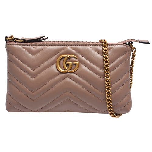 GUCCI Marmont mini絎縫紋牛皮金屬雙G LOGO肩/斜背包(迷你-裸色)