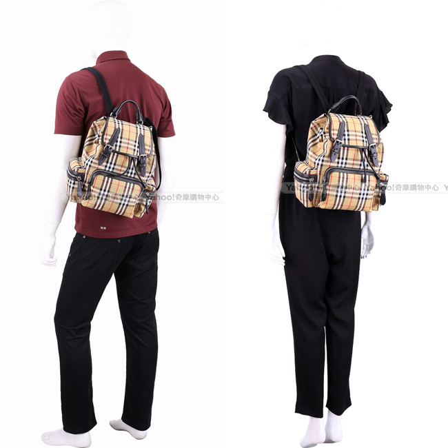 BURBERRY The Rucksack Vintage 中型格紋拼接軍旅背包(古典黃)