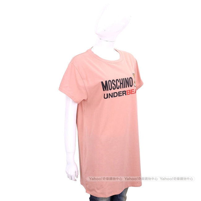 MOSCHINO Underbear 字母泰迪熊寶寶粉橘色棉質長版短袖T恤