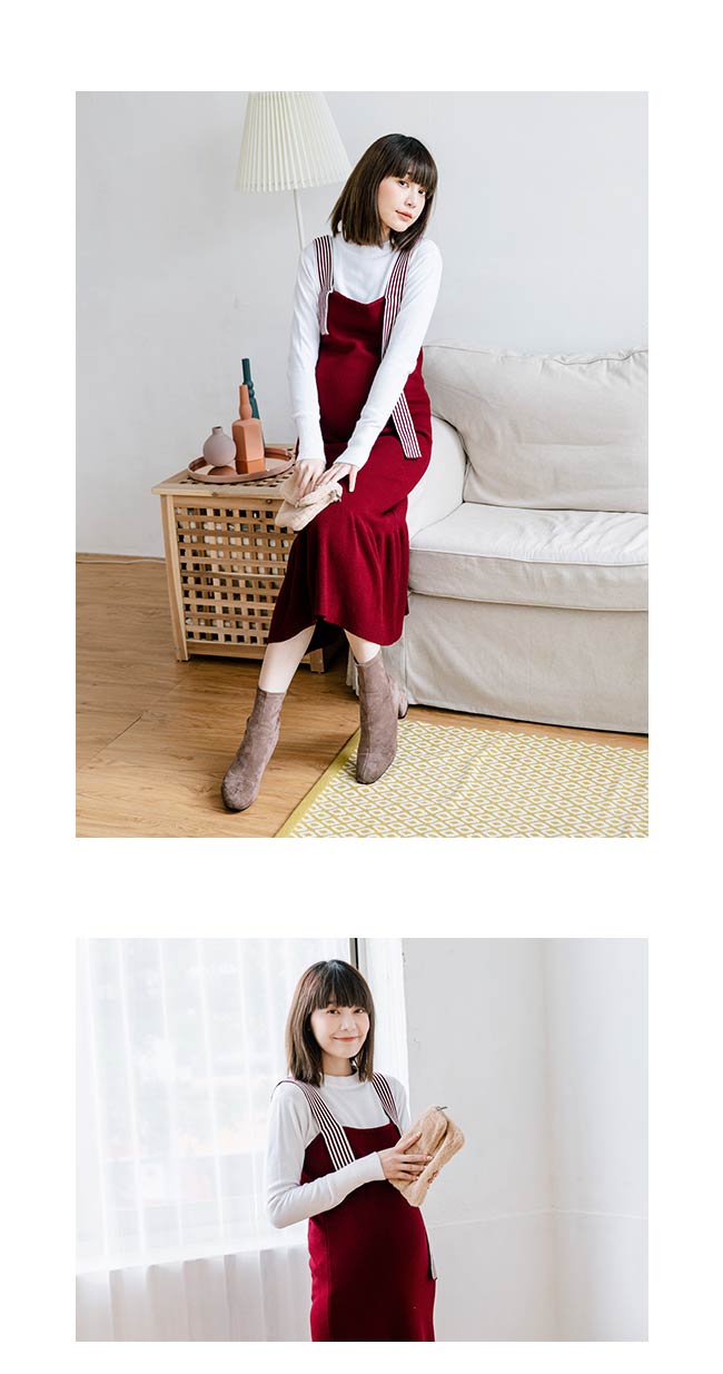 日系小媽咪孕婦裝-二件式條紋吊帶魚尾裙襬針織洋裝