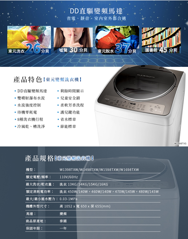 TECO東元 15KG 變頻直立式洗衣機 W1598TXW
