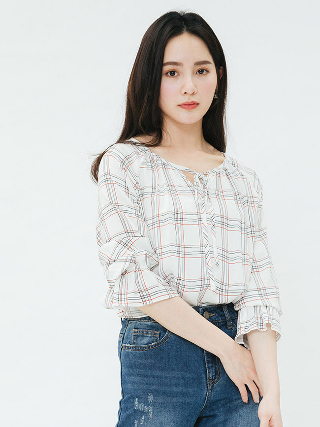 H:CONNECT 韓國品牌 女裝-綁結格紋造型上衣-白