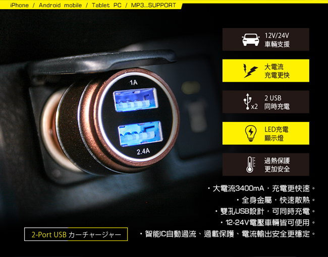 KINYO鋁合金USB車用充電器(曜石黑)CU53