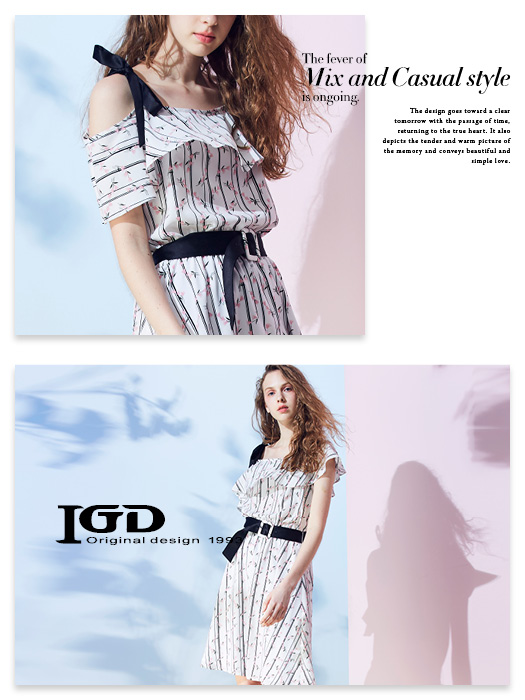 IGD英格麗 花卉包釦綁帶洋裝-白