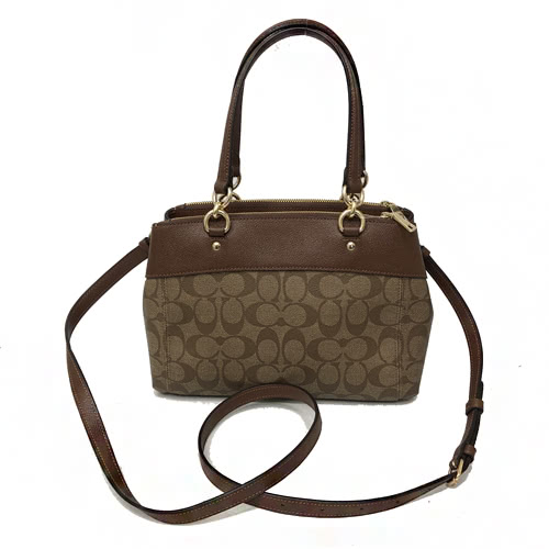 COACH 立體金屬 LOGO PVC皮革手提斜背兩用小方包托特包(焦糖)