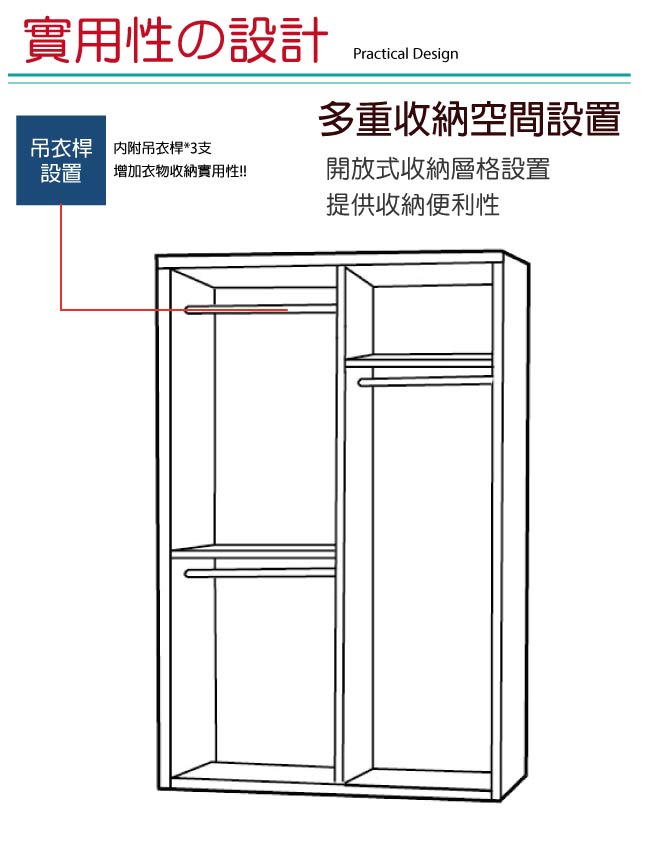 文創集 波哥利4尺木紋衣櫃/收納櫃(吊衣桿＋開放層格)-119x60x198cm免組