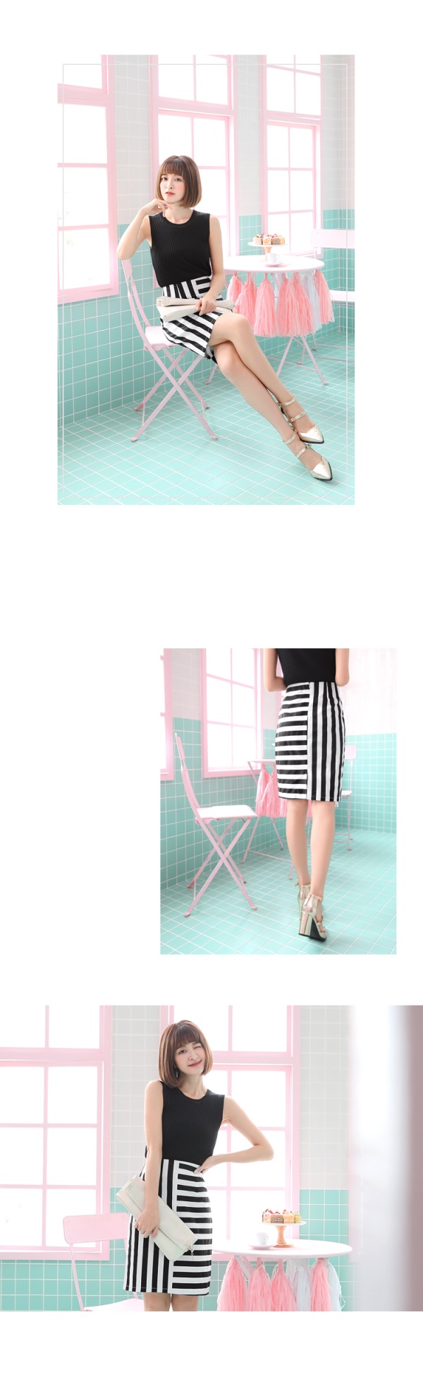 黑白直橫條紋造型高腰中長裙-OB大尺碼