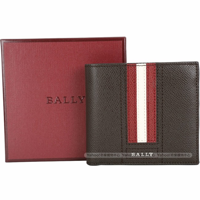 BALLY TRASAI 經典紅白條紋咖啡色八卡對折短夾