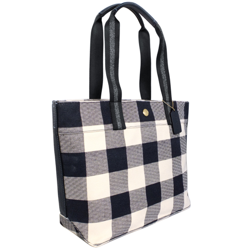 COACH藍白拼色大格紋帆布肩背購物托特包