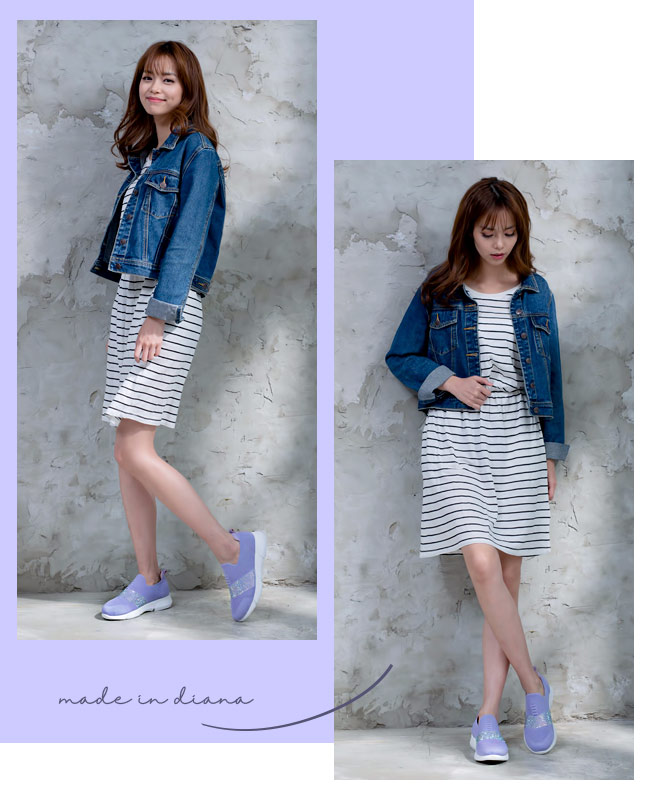 DIANA 漫步雲端厚切焦糖美人款-晶耀水鑽針織輕量厚底休閒鞋-紫