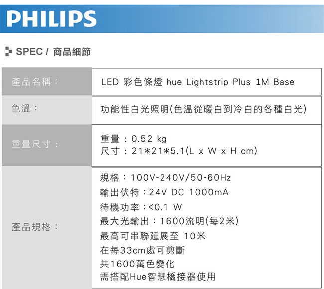 【飛利浦 PHILIPS LIGHTING】Hue無線智慧照明_LED彩色條燈(1米延伸)