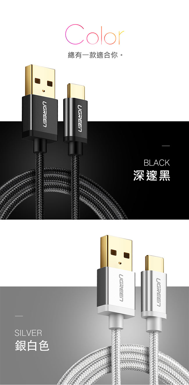 綠聯 USB Type-C快充傳輸線 BRAID版 銀白色 1M