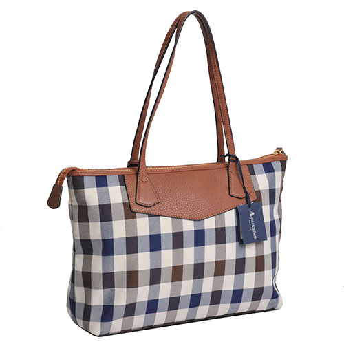 Aquascutum 品牌格紋A字造型吊飾手提肩背購物包(咖啡色邊)