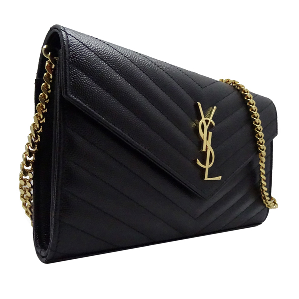 YSL MONOGRAM V字縫線牛皮金鍊斜肩手拿包(黑色)