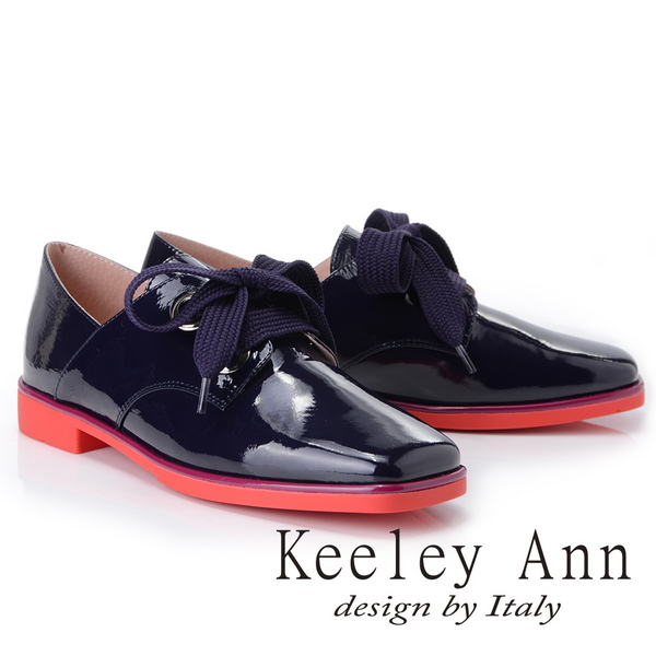 Keeley Ann 個性玩酷~視覺系拼接綁帶方頭低跟漆皮鞋(紫色-Ann)