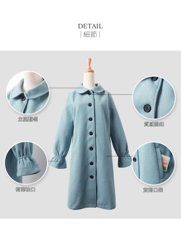純色圓領片斜紋織紋荷葉袖大衣/外套-OB大尺碼