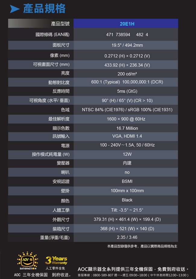 AOC 20E1H 20型不閃屏螢幕