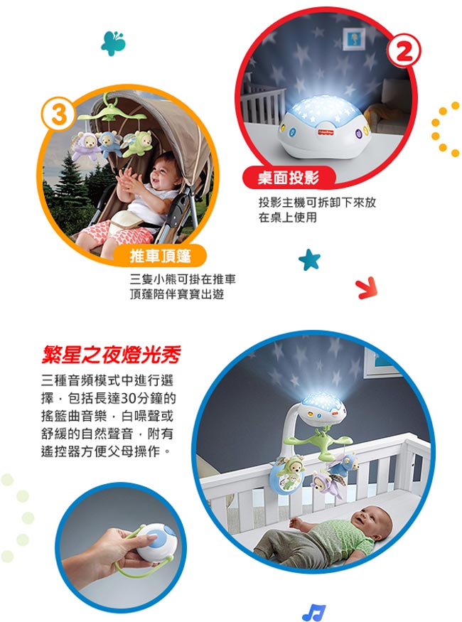 美國 Fisher Price 費雪 三合一投影小熊床鈴