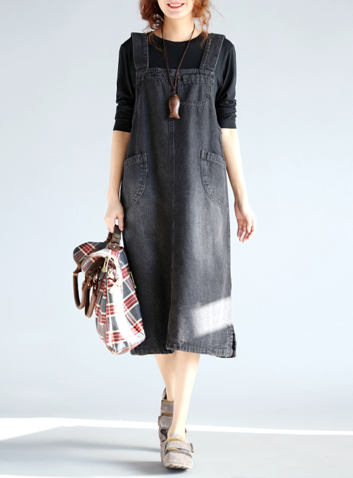 水洗牛仔大口袋寬鬆吊帶裙 (黑色)-4inSTYLE形設計