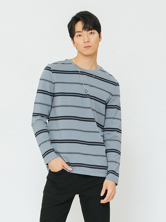 H:CONNECT 韓國品牌 男裝-雙條紋圓領上衣-淺藍
