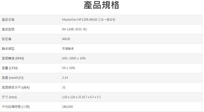 Cooler Master MasterFan MF120R A.RGB 3合1組