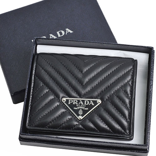 PRADA NAPPA IMPUNTURE 三角牌LOGO羊皮對折零錢短夾(黑)