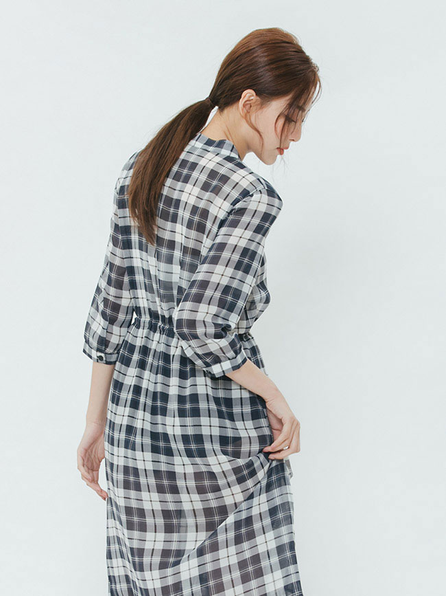 H:CONNECT 韓國品牌 女裝-排扣格紋綁結洋裝-藍