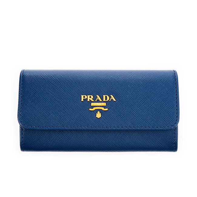 PRADA 經典Saffiano 金字LOGO十字紋牛皮釦式鑰匙包 (藍色)