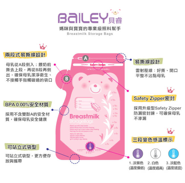 韓國BAILEY貝睿 感溫母乳儲存袋-壺嘴型30入(2盒)