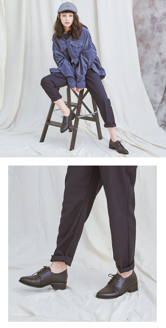 2.Maa 復古雕花牛皮綁帶粗跟牛津鞋 - 黑