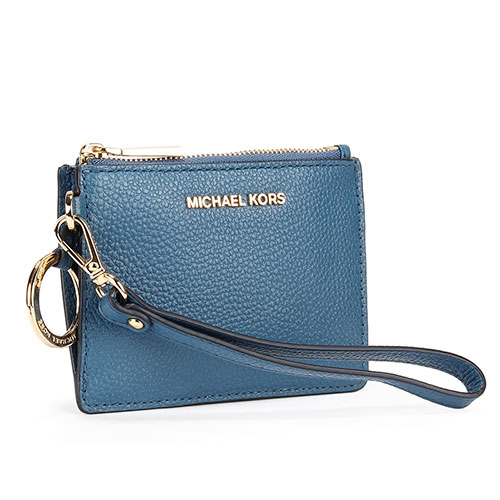 MICHAEL KORS Mercer 金LOGO荔枝紋皮革證件零錢手拿包-丹寧藍色