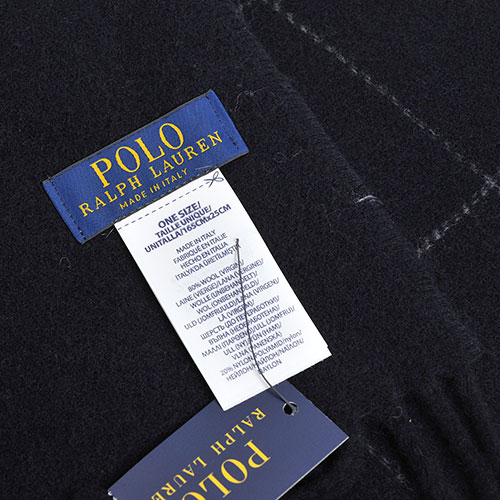 RALPH LAUREN POLO 義大利製小馬刺繡雙面配色格紋羊毛圍巾(黑色底)