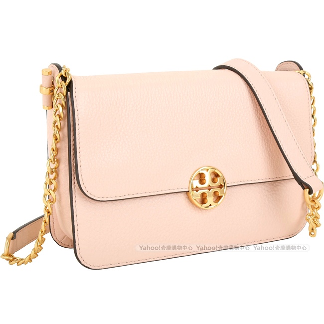 TORY BURCH Chelsea 黃銅雙T荔紋牛皮鍊帶包(粉杏色)