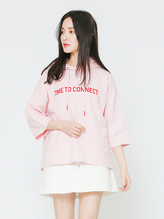 H:CONNECT 韓國品牌 女裝-配色印字抽繩帽T-粉