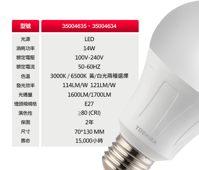 TOSHIBA東芝 14W廣角型LED燈泡/高效球泡燈-黃光4入