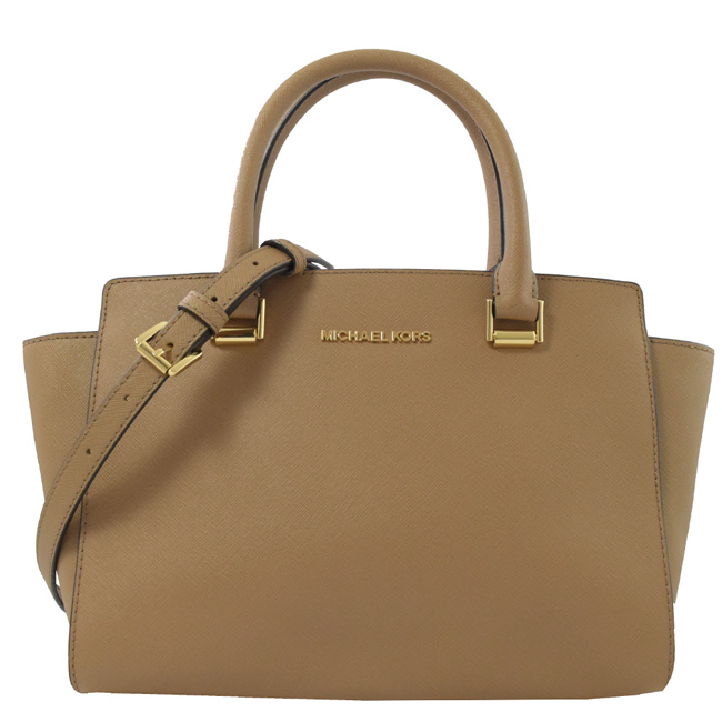 MICHAEL KORS SELMA 金屬LOGO防刮牛皮兩用手提包(卡其)