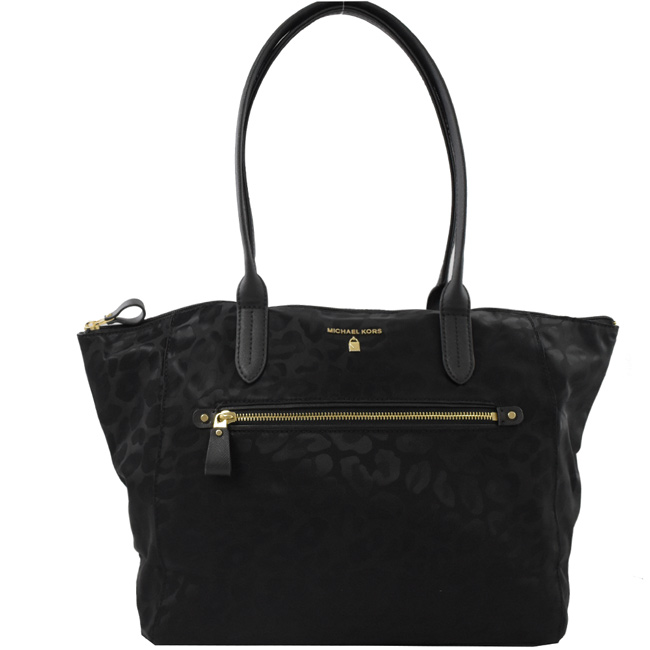 MICHAEL KORS NYLON KELSEY豹紋尼龍拉鍊肩背包(黑)