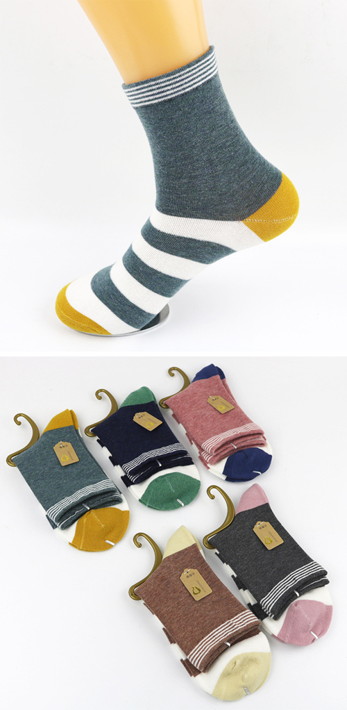 Wazi-撞色條紋棉質中筒襪 (1組五入)