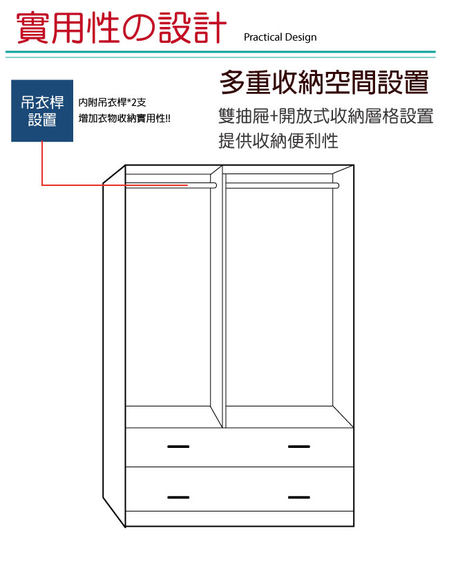 綠活居 卡比夫3.8尺二抽衣櫃/收納櫃(吊衣桿)-113.5x56.5x178cm-免組