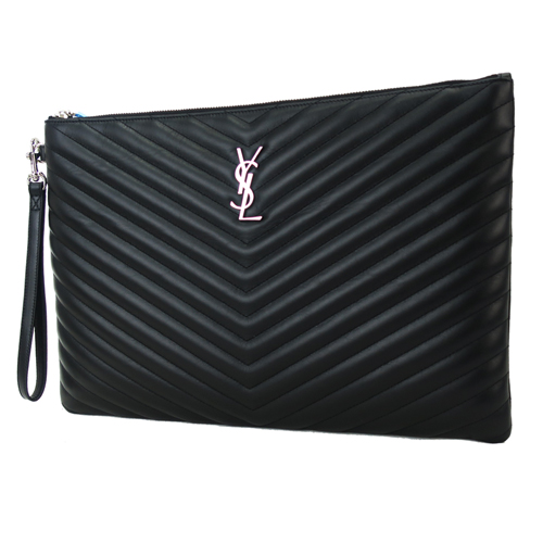 YSL 經典MONOGRAM V縫線 金LOGO大手拿包(特大/黑)