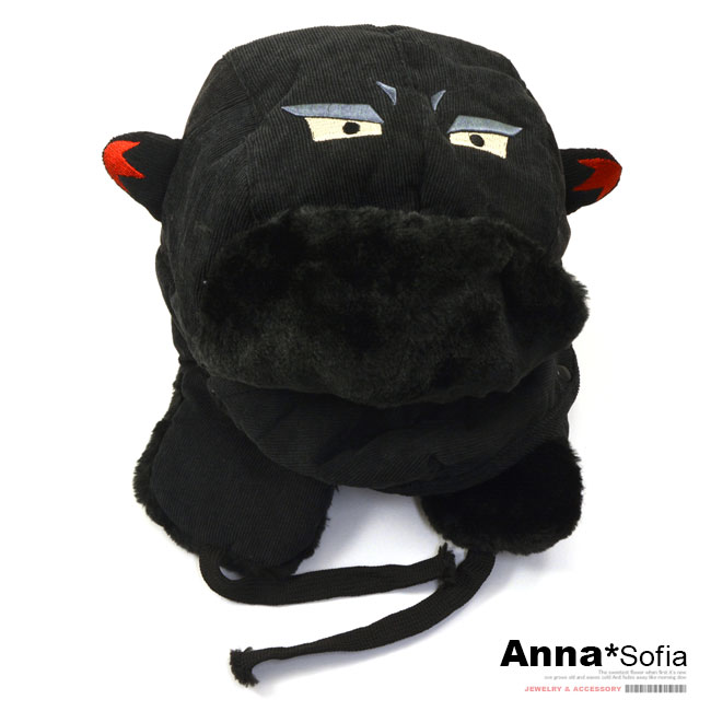 AnnaSofia 小惡魔絨毛超保暖口罩 加厚型雷鋒帽飛行帽(黑系)