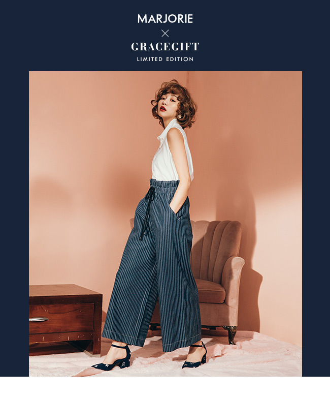 Grace gift X Marjorie-復古絨布星星刺繡繫帶跟 深藍