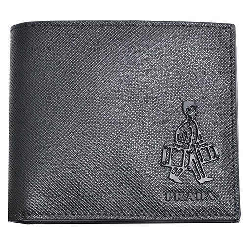 PRADA SAFFIANO 消光金屬人形字母logo防刮牛皮對折八卡短夾(黑色)