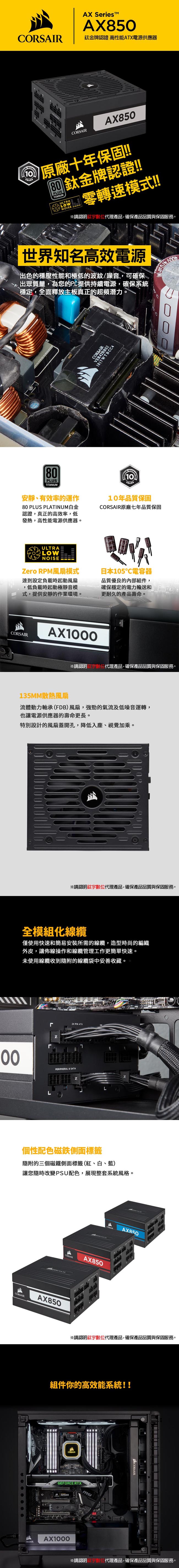 【CORSAIR海盜船】AX850 80Plus鈦金牌Titanium全模組電源供