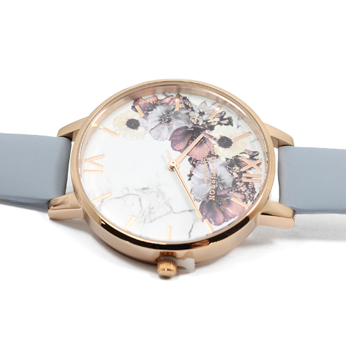 Olivia Burton 英倫復古手錶 大理石花卉紋路 粉藍色真皮錶帶玫瑰金框38mm