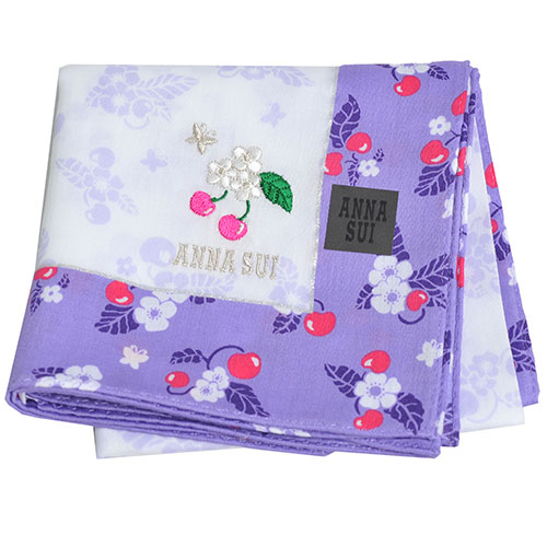 ANNA SUI 繽紛櫻桃可愛櫻桃蝴蝶字母LOGO刺繡帕領巾(紫色邊)